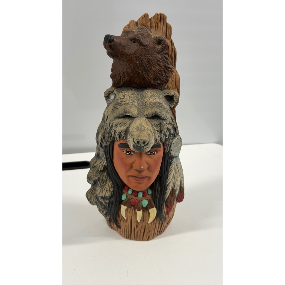 Native American Warrior Bust Bear Headdress Sculpture Rustic Decor 9.5 Inch